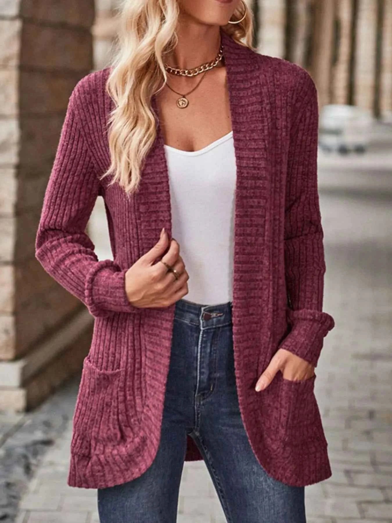Ribbed Knit Open Front Cardigan with Pockets 38391fb3-de68-4f75-ac9b-99b553e33da3-Max-Origin