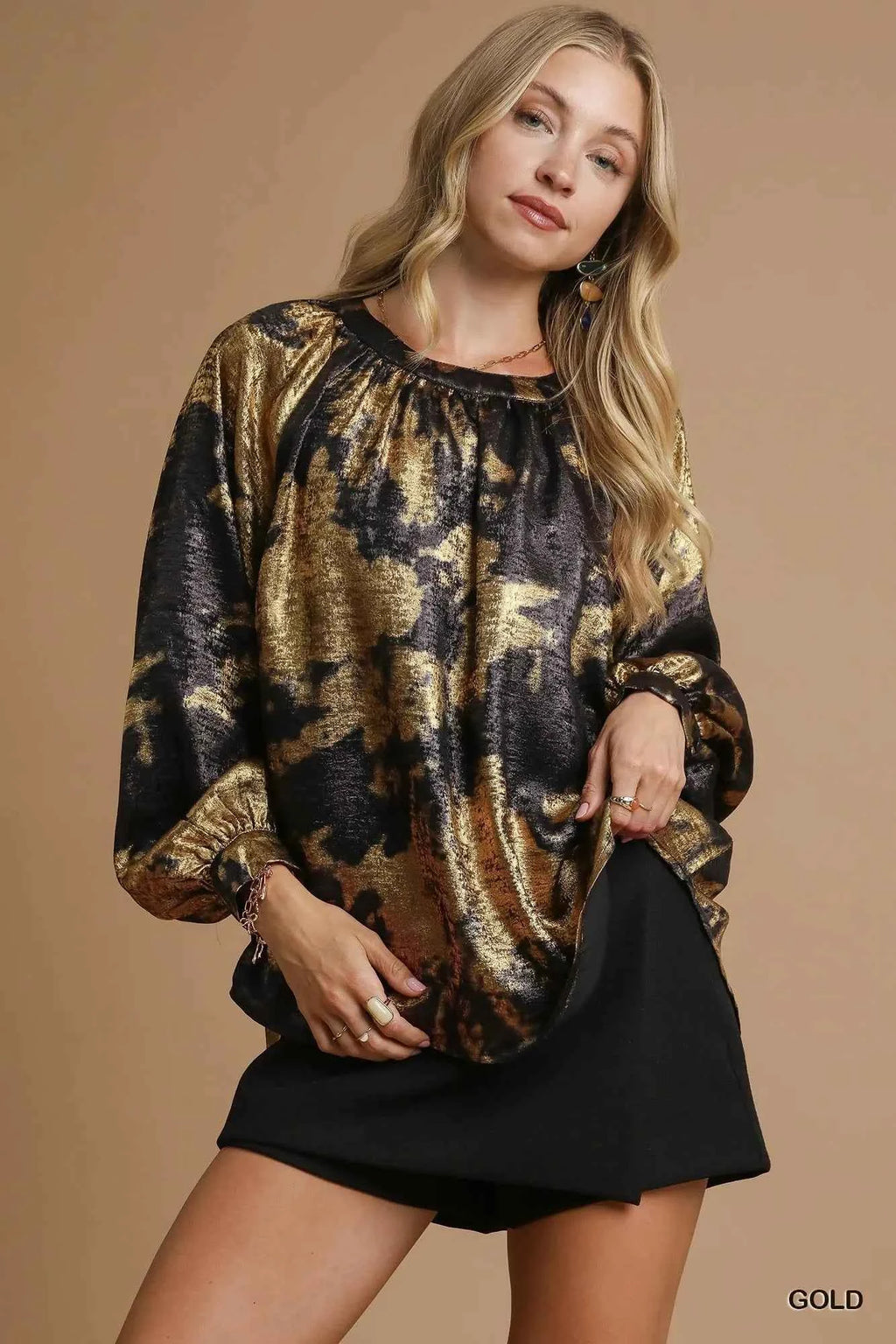 Umgee Metallic Fabric Blouse with Balloon Sleeves GOLD 383b22e1-6d19-4c38-9474-4927edabbb16-Max-Origin