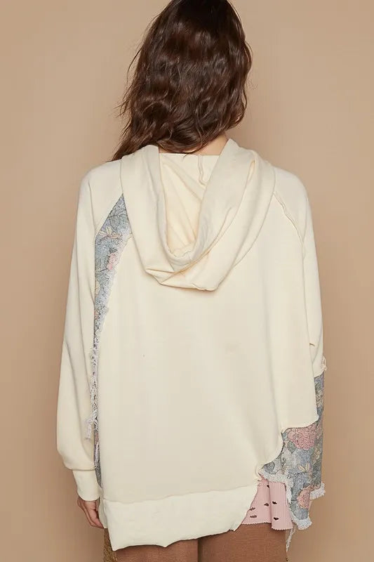 POL Floral Patchwork Distressed Drawstring Hoodie 3855315f-99dc-41af-a568-0b11c17297db-Max