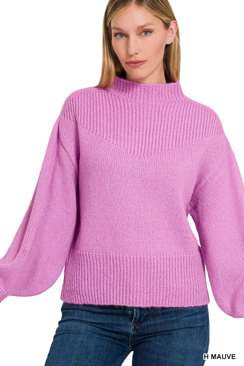 Zenana Balloon Sleeve Mock Neck Sweater 38728ea7-a4d5-4f69-b246-6839145b99e1-Max-Origin