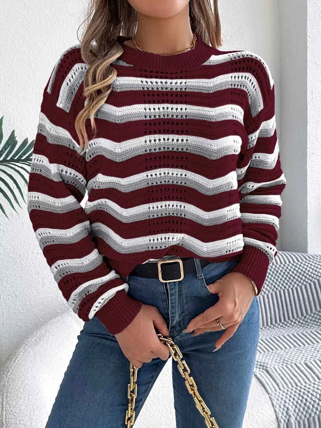 Striped Round Neck Long Sleeve Sweater 38ac0073fe3f40b097e2da6b3c17eacb-Max-Origin