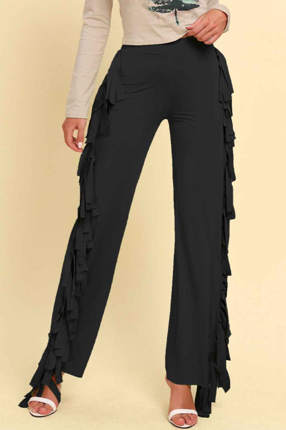 Fringe Trim Wide Leg Pants Black 38ac85f06b43431c8bb1a81abdd652cd-Max