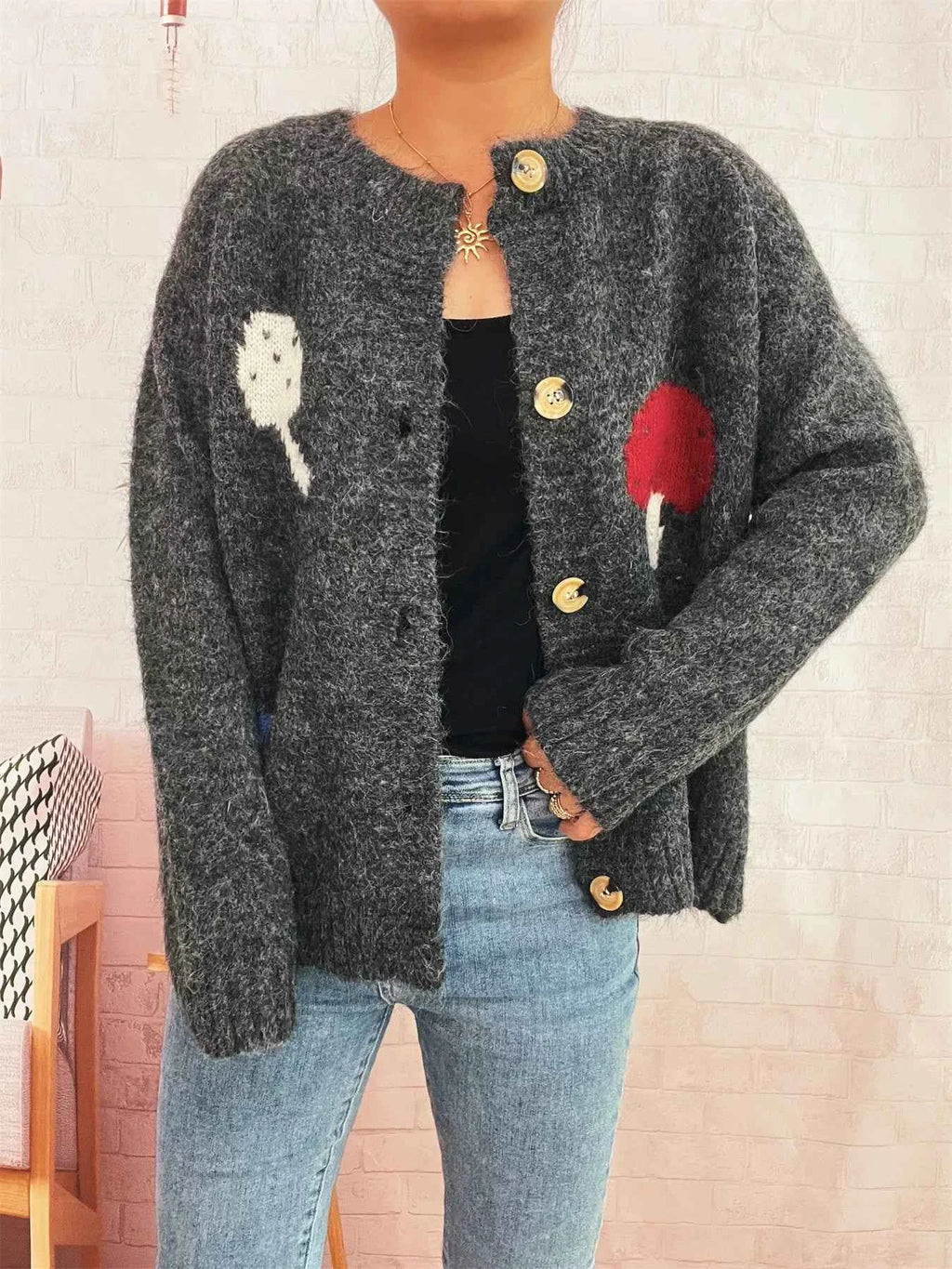 Mushroom Pattern Button-Up Cozy Knit Cardigan 38bf730746874e1593d2a07225354855-Max-Origin