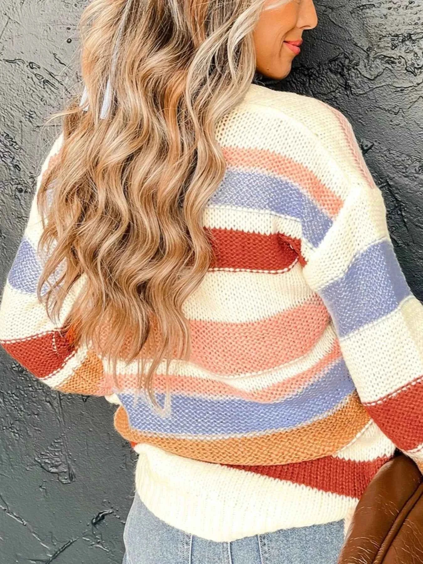 Multi-Color Striped Round Neck Sweater 38cf36da-74e5-42a9-a7d8-c621c080fda7-Max-Origin