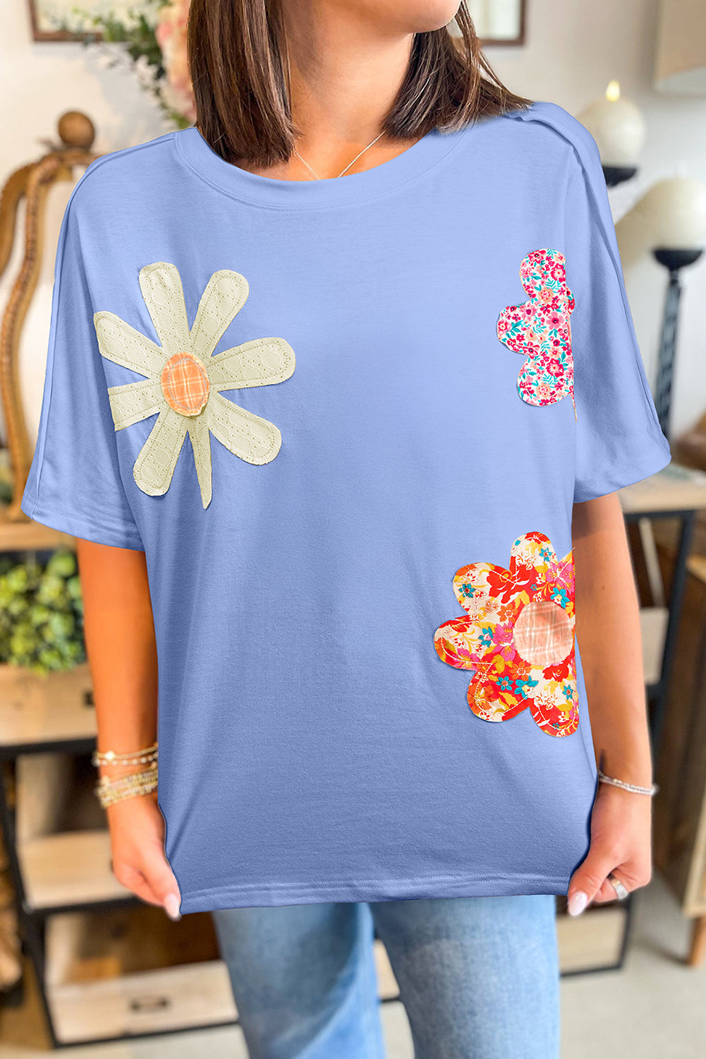 Sky Blue Flower Patched Exposed Stitching Trim Loose Tee Sky Blue 38e0bd5502f6c4cd