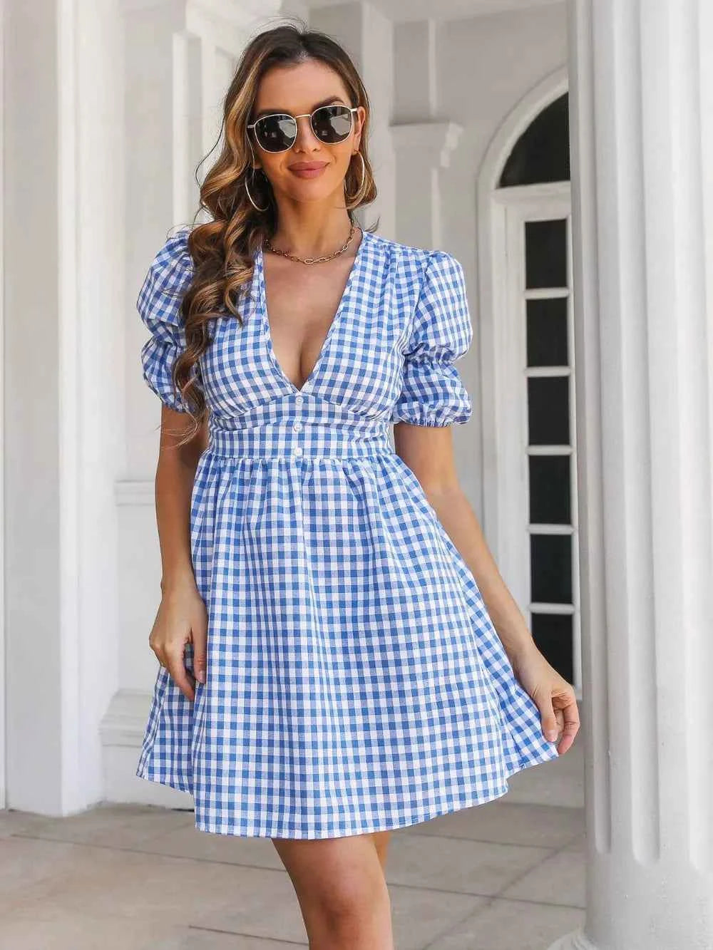 Decorative Button Plaid Short Sleeve Dress 38f3605b-dda1-4094-9194-0681ef2b7624-Max