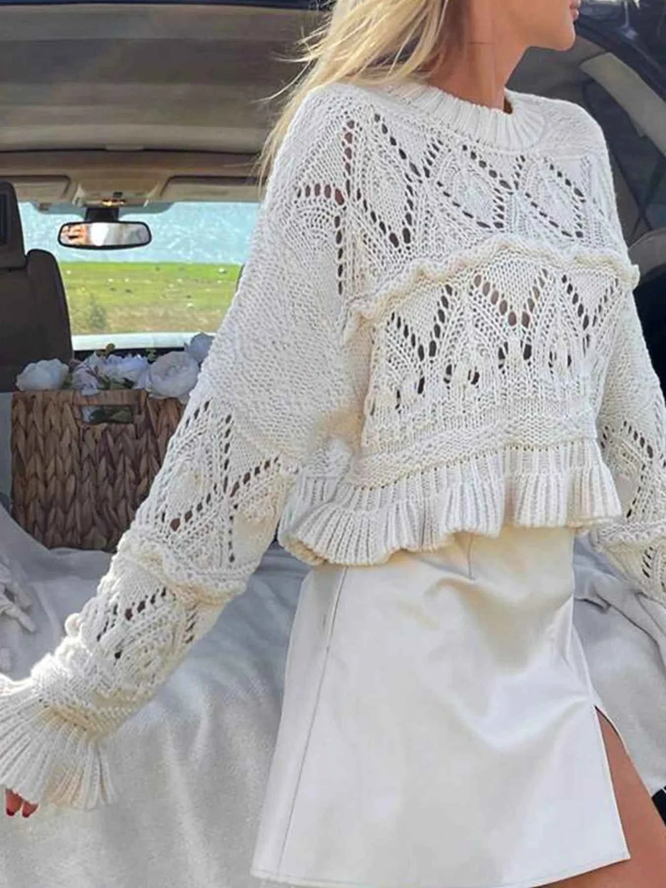 Crochet Ruffled Hem Long Sleeve Sweater 38f3929169bb43db8213dde57df486bf-Max-Origin