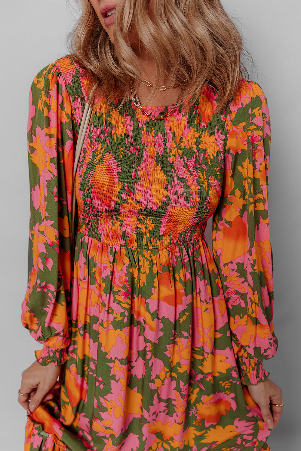 Orange Floral Puff Sleeve Smocked Bodice Frill Tiered Dress 38f594bfe85034d7