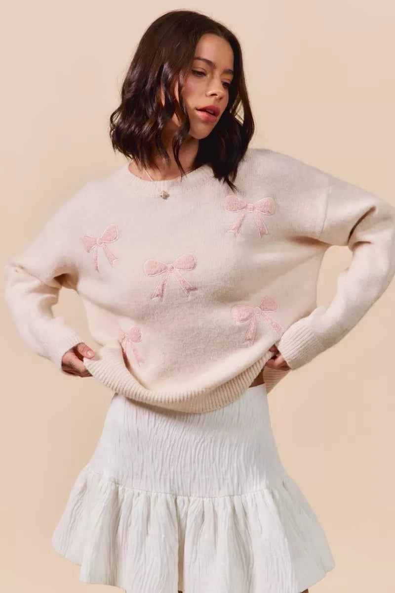 SO ME Embroidered Ribbon Round Neck Sweater 38f6d4e2304c47d7a64620a2e406da47-Max-Origin