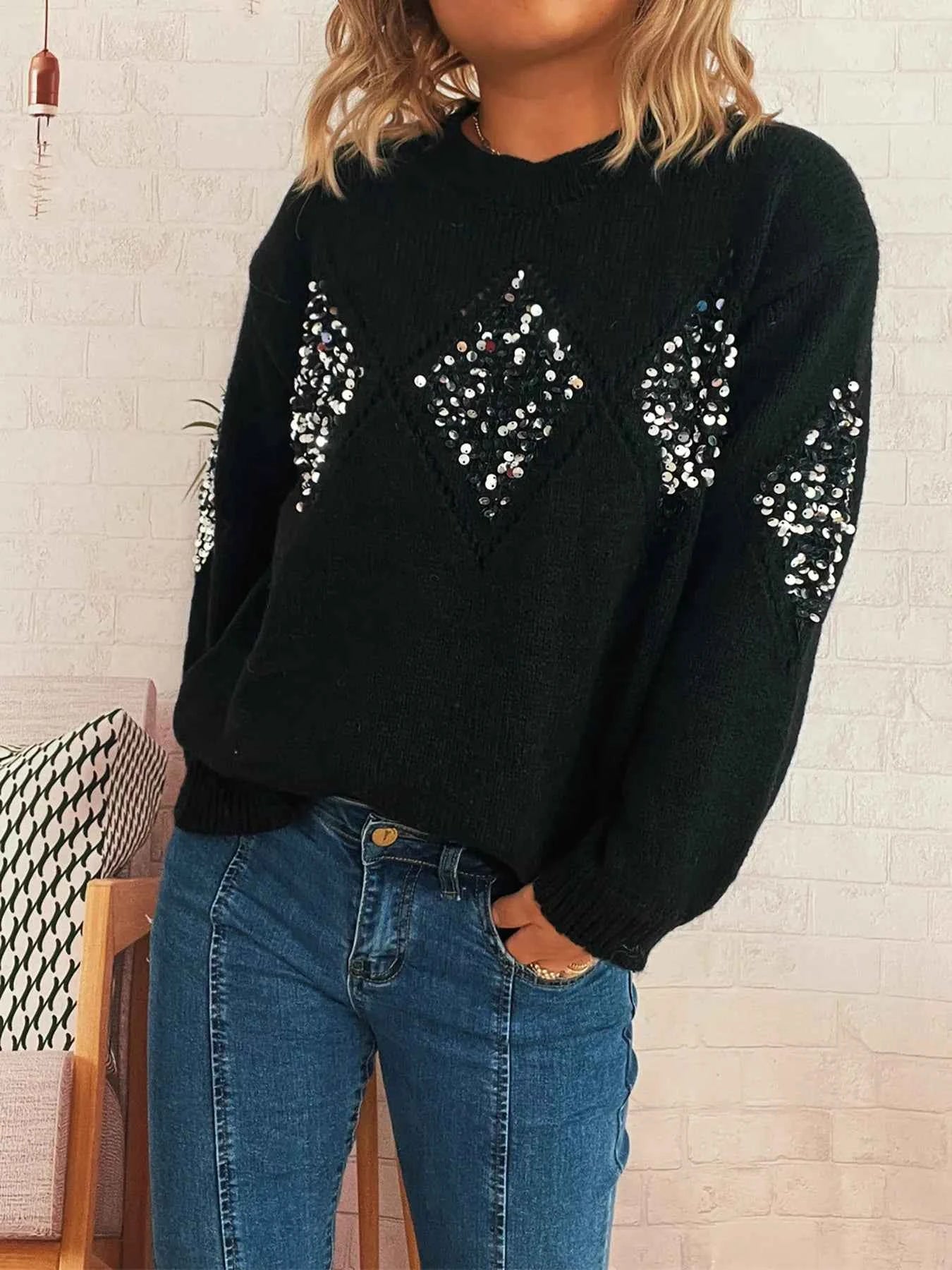 Sequined Diamond Pattern Oversized Sweater Black One Size 38fafb9199d548349ed2ab8f47173236-Max-Origin
