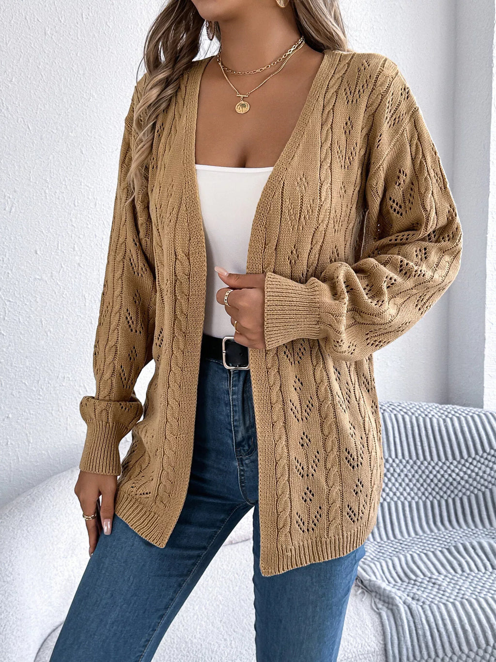 Openwork Open Front Long Sleeve Cardigan 390fe560ba574b719ced0f999bc8a506-Max-Origin