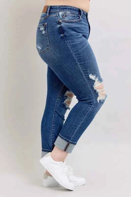 Judy Blue Full Size Mid Rise Boyfriend destroy Jeans with Yoke Pockets and Faux Selvedge Cuff Plus Size 39148dff-1c5d-4040-9eff-4ebeb6c19f9a-Max-Origin