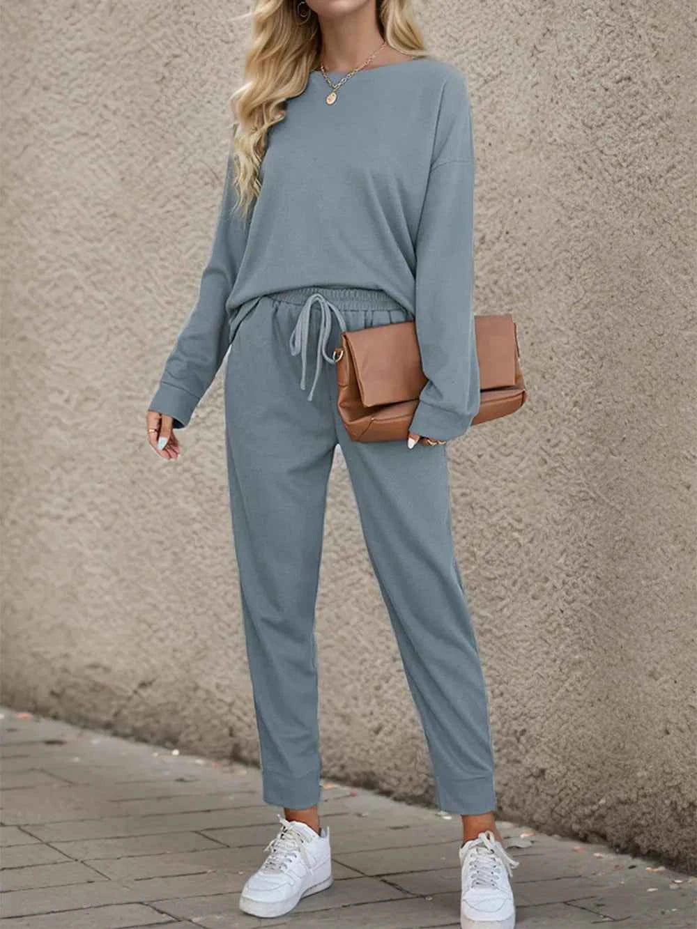 Shiny Round Neck Top and Drawstring Pants Set Cloudy Blue 39173154ed9f47f4a9be30fa46335351-Max