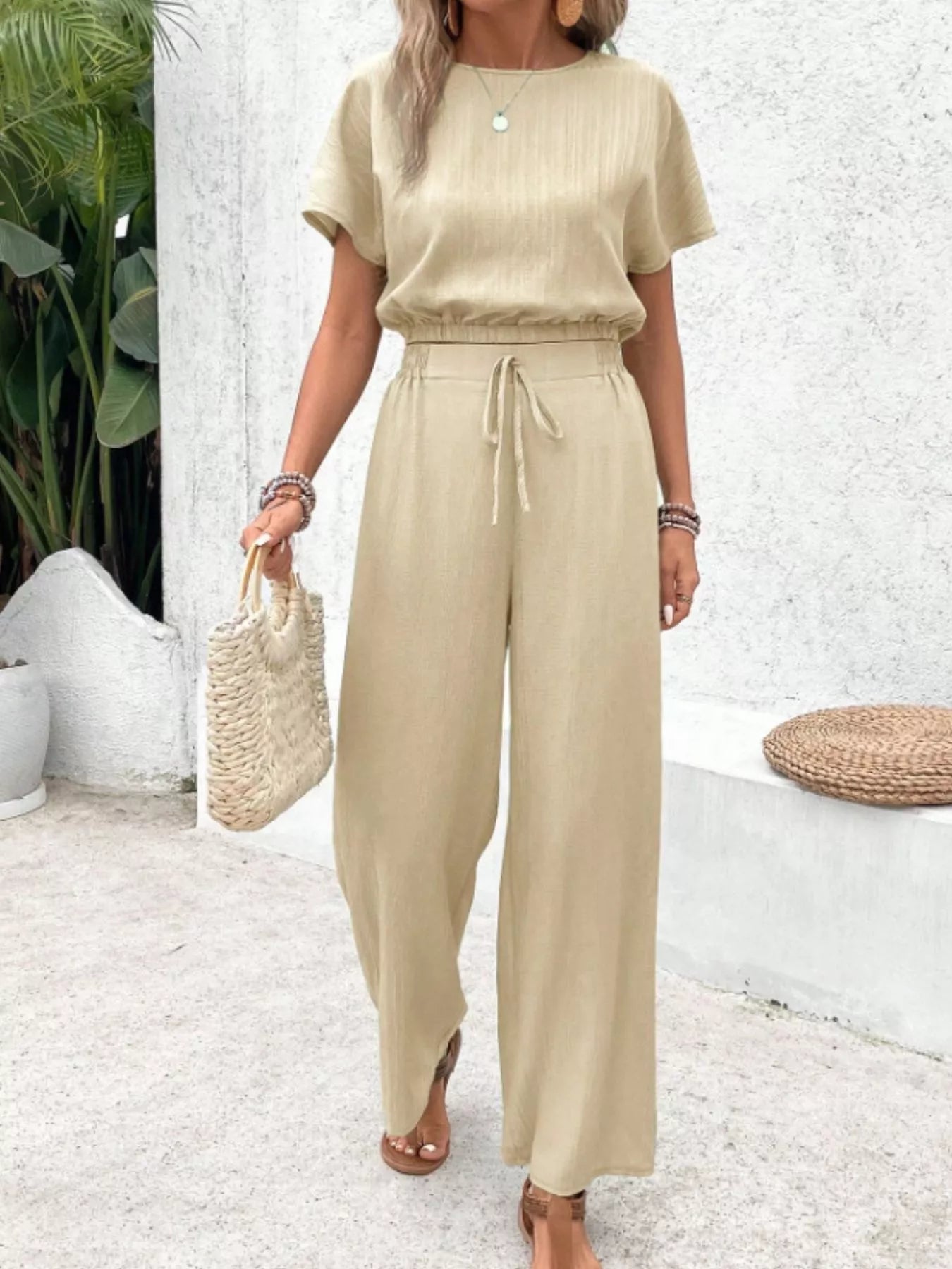 Round Neck Short Sleeve Top and Pants Set Apricot 391e686d-a761-4126-a49e-7f701f5dbf41-Max-Origin
