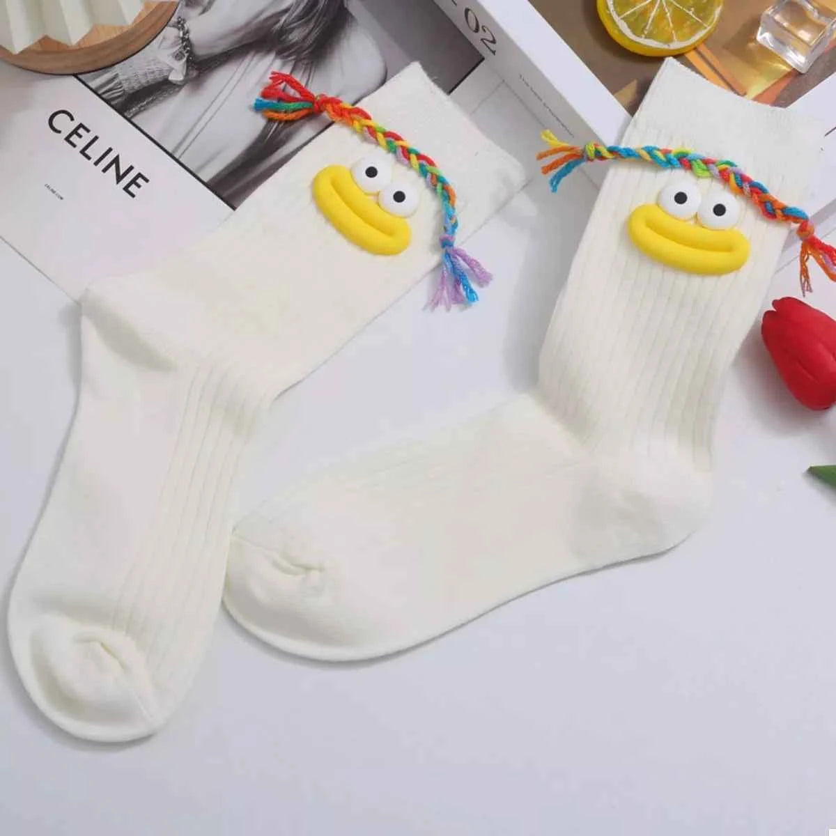 Cartoon Ribbed Knit Crew Socks White B One Size 391f28ad-f2e9-4748-b4b1-e9d56da26d3f-Max-Origin
