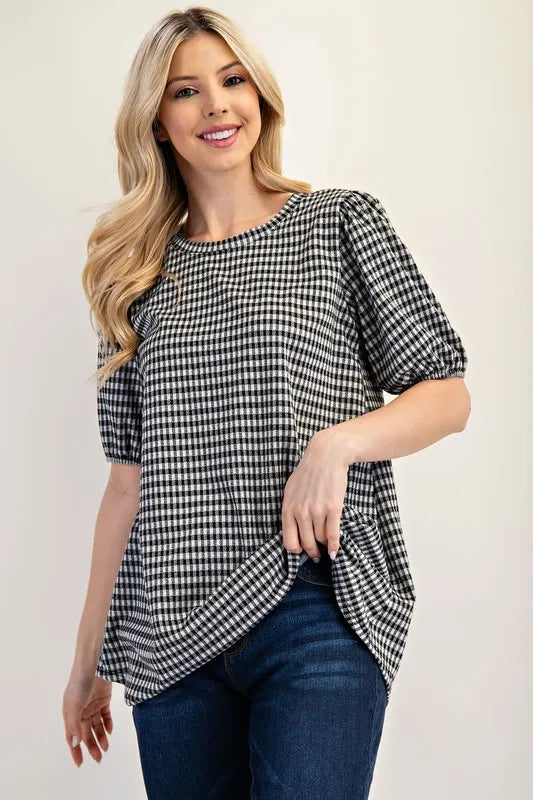 Celeste Full Size Gingham Print Top With Puff Sleeves Plus Size Black 3925dd22-20c1-42e3-ba97-560b9fdc55ec-Max