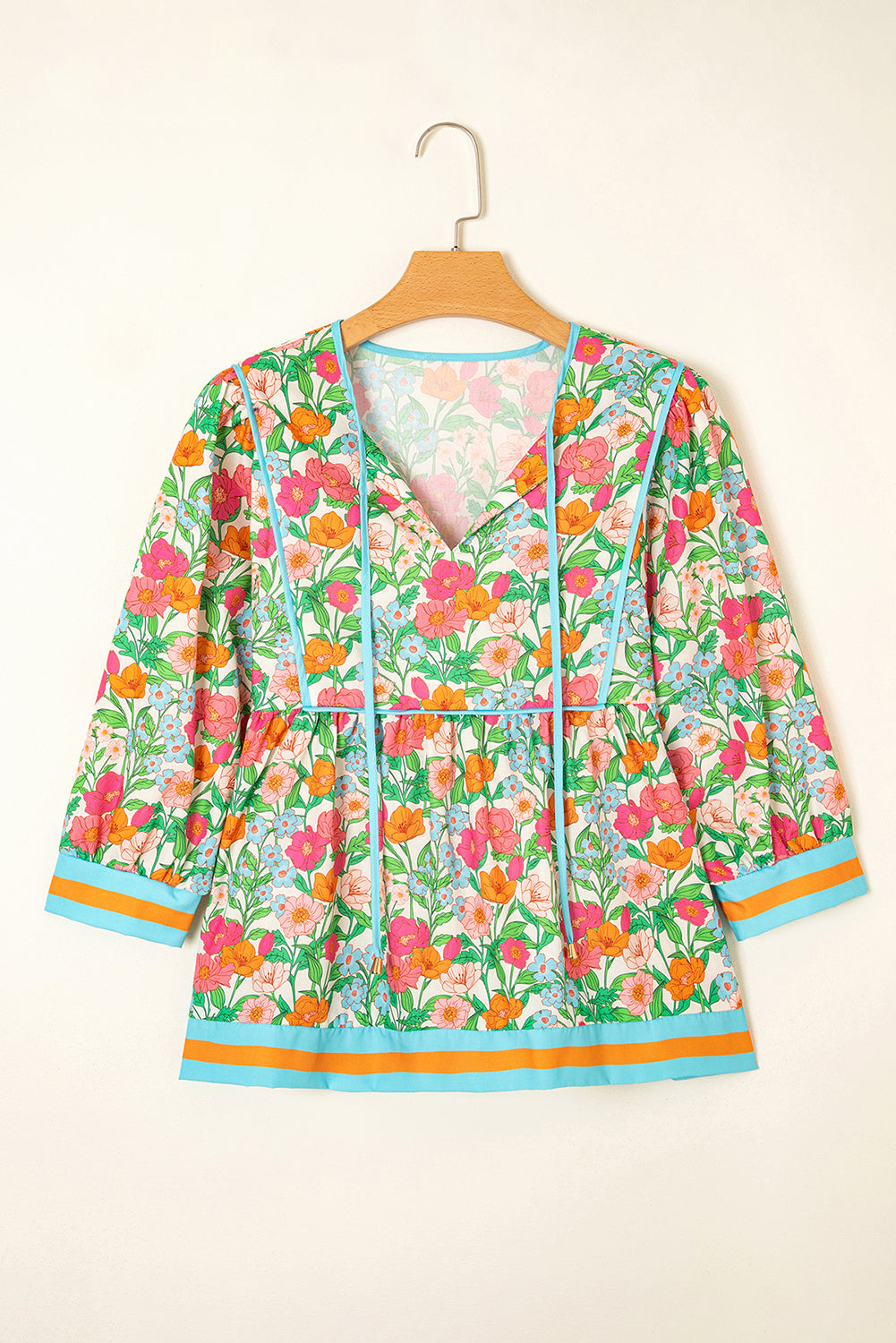 Green Floral Print Striped Trim Puff Sleeve Babydoll Blouse 39400c0410b31000