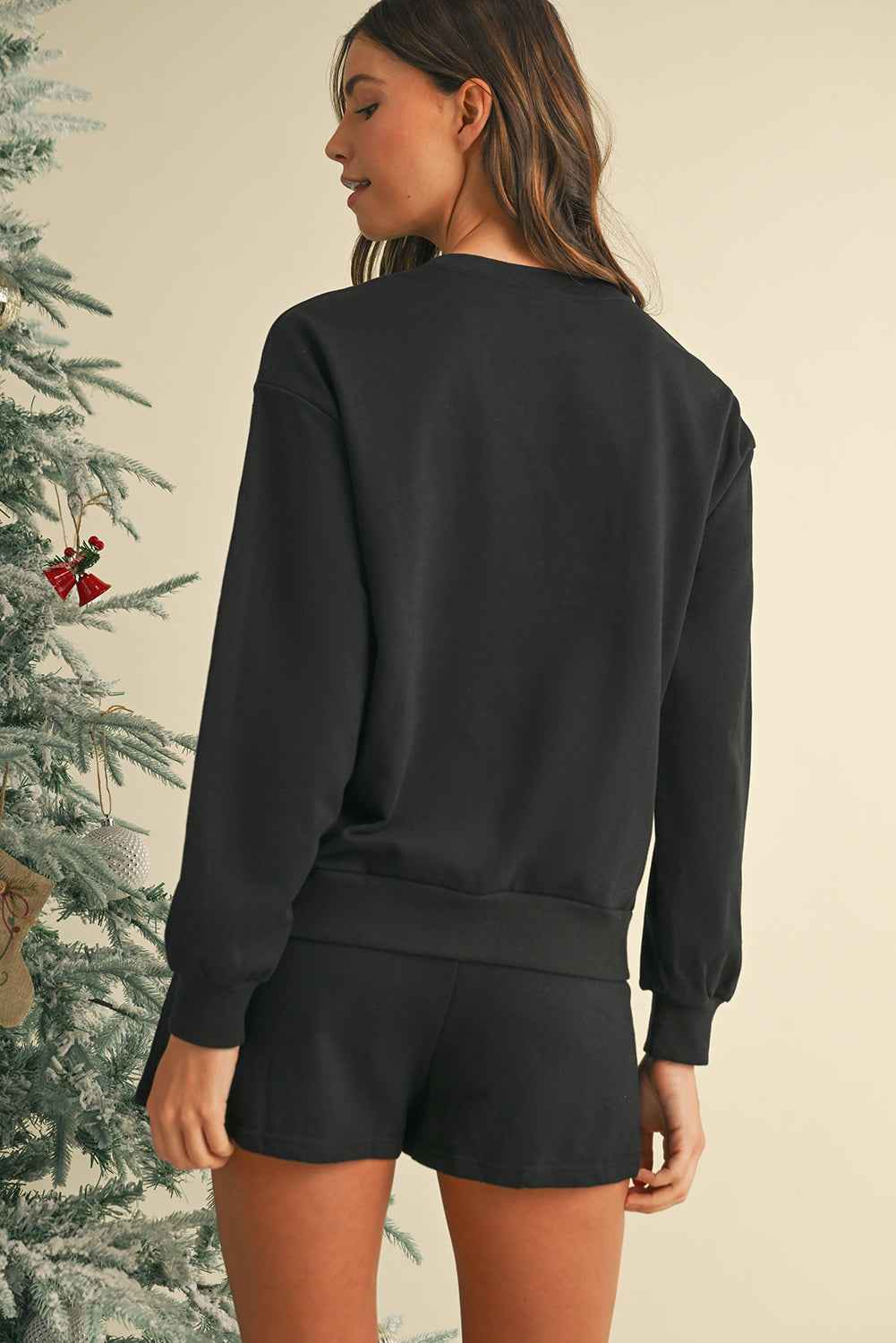 Black Sequin Merry Graphic Pullover and Shorts Set 394f2d8269a39488