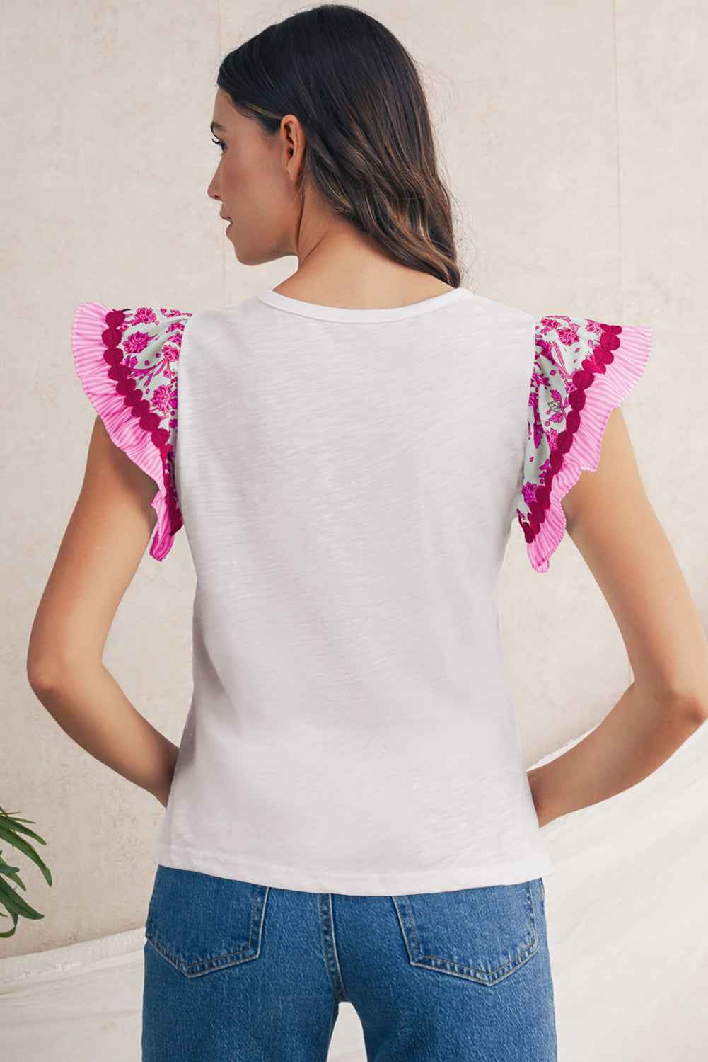 Blue Floral Striped Patchwork Flutter Sleeve Blouse 394f7777d99baa1d