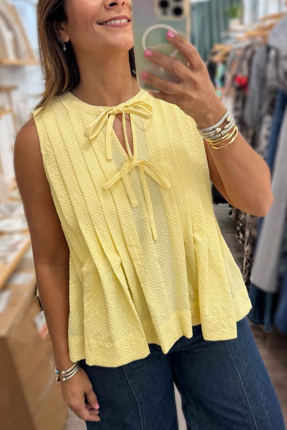 Yellow Cream Bow Tie Notched Neck Pleated Sleeveless Top 39545fff73ab57ce