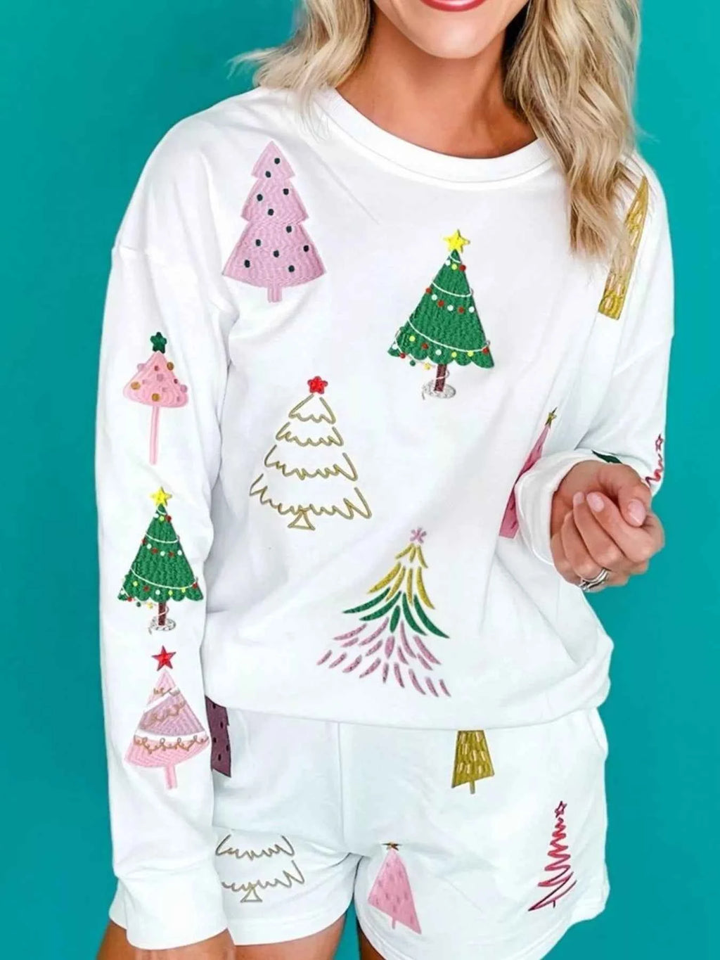 Christmas Tree Round Neck Top and Shorts Set White 395c7e86-daa0-4dd8-b0fd-e815402d55f0-Max-Origin