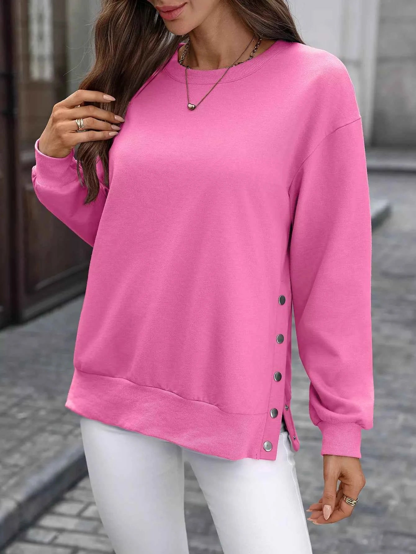 Side Snap Round Neck Sweatshirt Fuchsia Pink 39627326-efd4-4dbc-b7e5-21de4b1bf1fc-Max-Origin