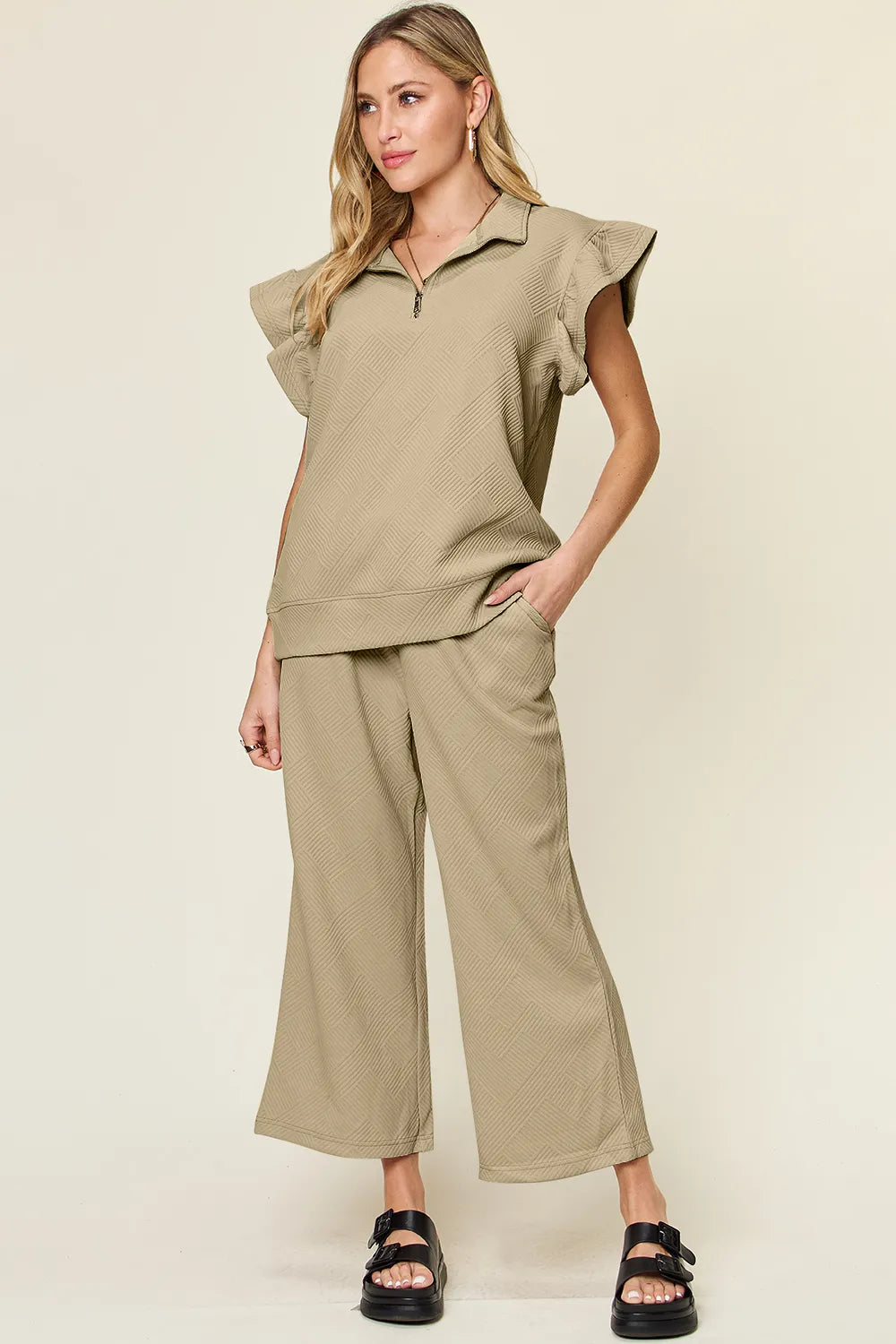 Double Take Texture Ruffle Short Sleeve Top and Drawstring Wide Leg Pants Set 396babaa-9d0e-4d0e-b4e7-97262fc21c35-Max