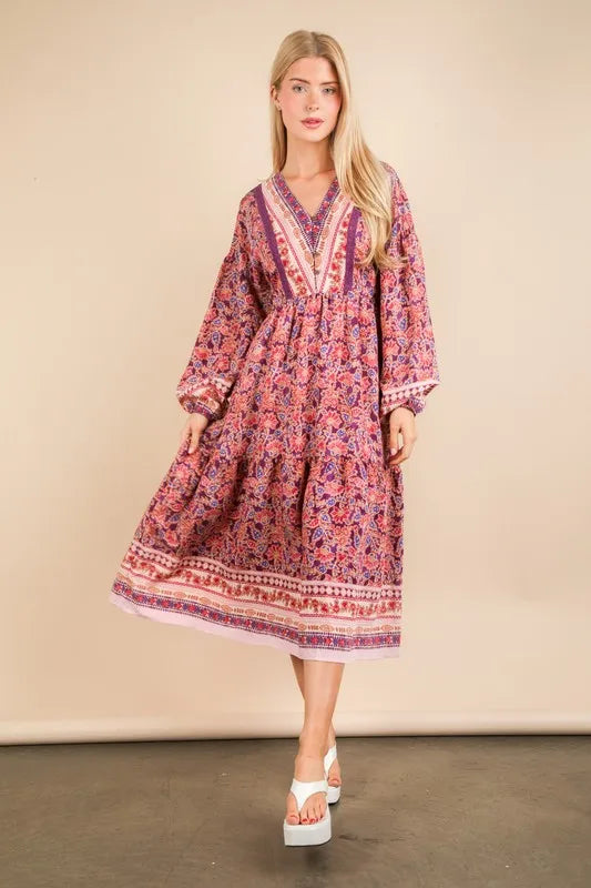 VERY J Floral Printed Boho V-Neck Balloon Sleeve Dress Purple Mix 3997aeea3b894293ad514bafb211410e-Max-Origin