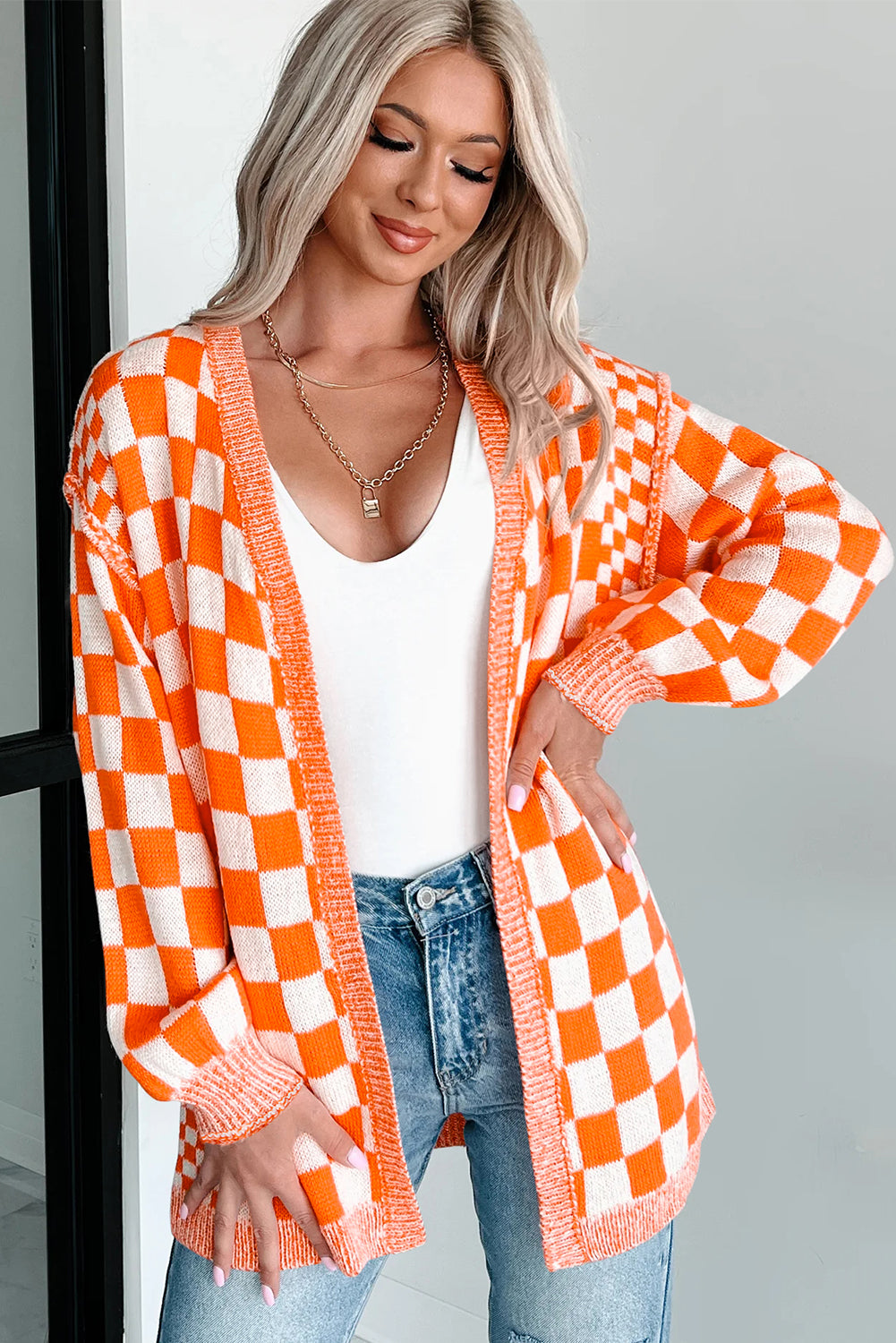 Orange Checkered Open Front Drop Shoulder Cardigan 39aa0e1770026b57