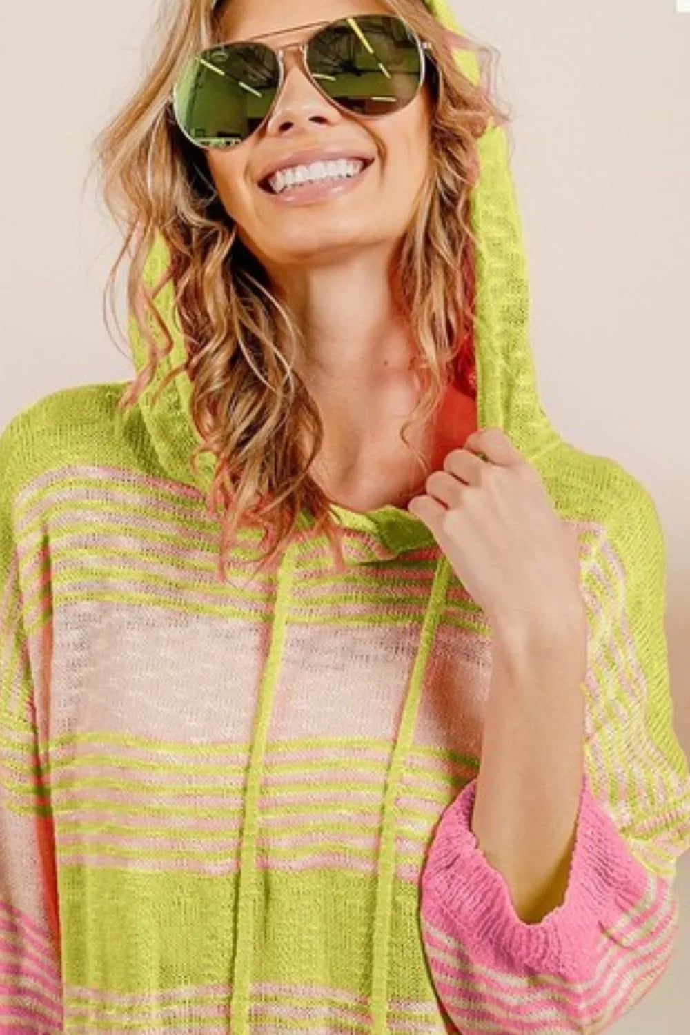 BiBi Short Sleeve Stripe Low Gauge Knit Hoodie 39abe722-56d0-472c-9166-aed64bf1276d-Max-Origin