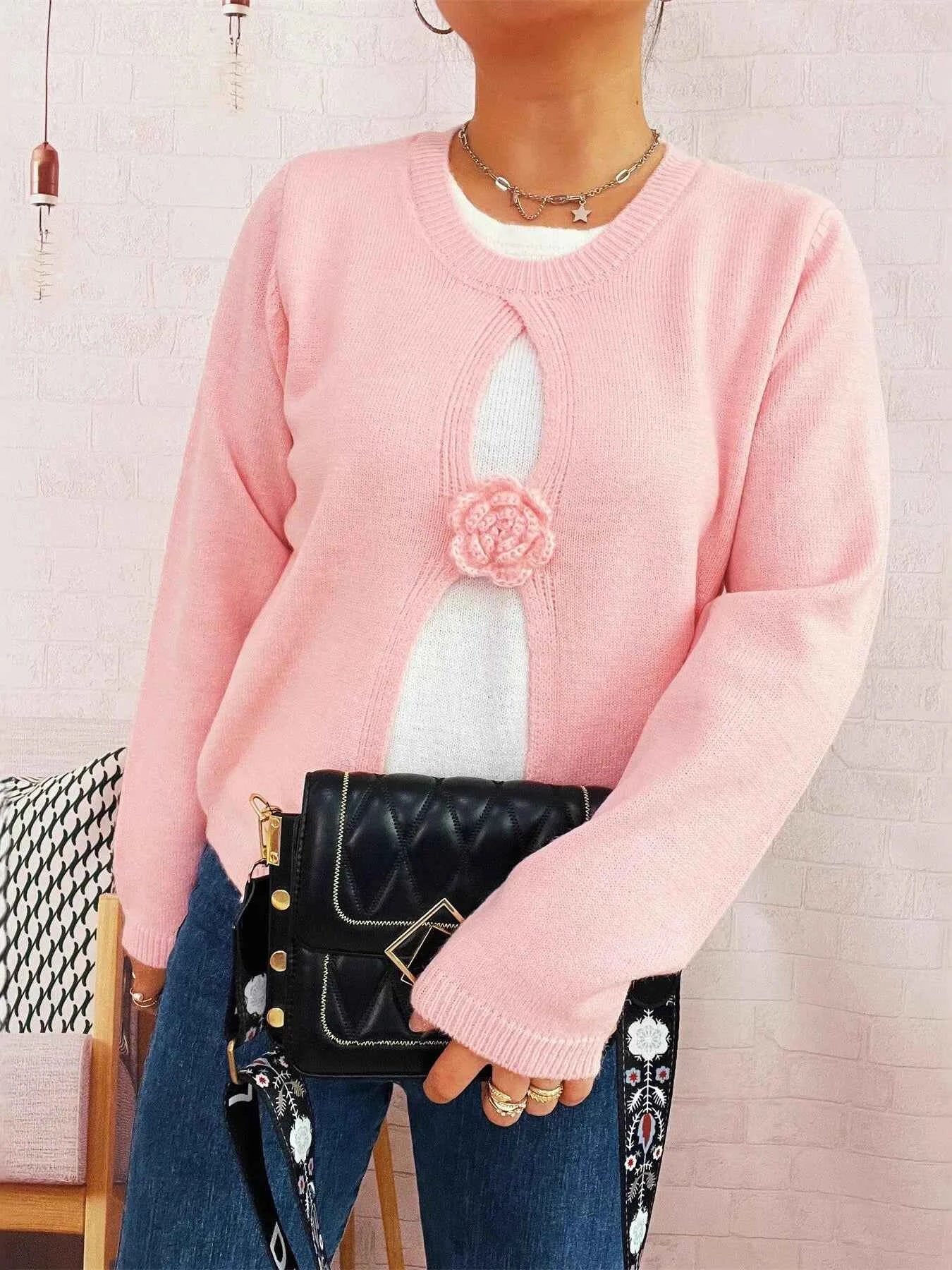 Flower Contrast Round Neck Sweater Pink One Size 39b812b836bb44b089814b70d6aa9c55-Max-Origin