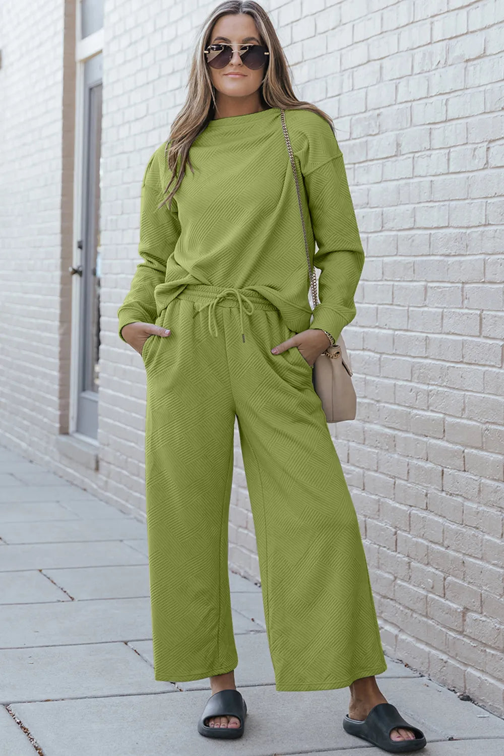 Double Take Full Size Textured Long Sleeve Top and Drawstring Pants Set Yellow-Green 39c69bb5-eacf-4be9-af68-edf64ff3251d-Max
