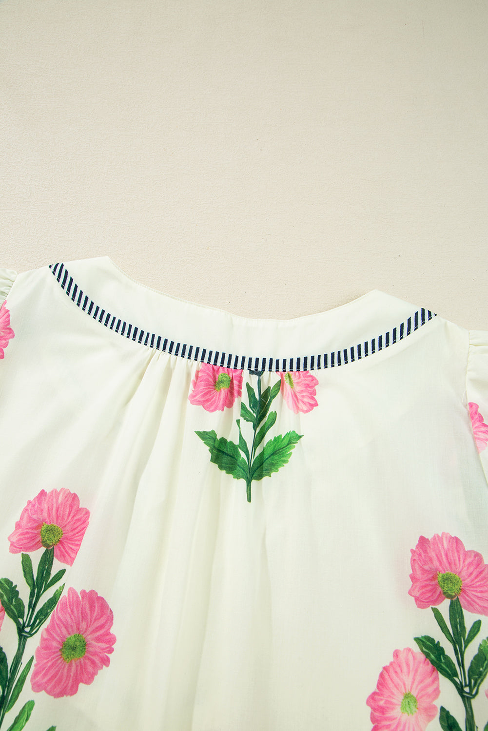 Blue Striped Trim Short Sleeve Split Neck Floral Mini Dress 39d0cfb1b4c60b22