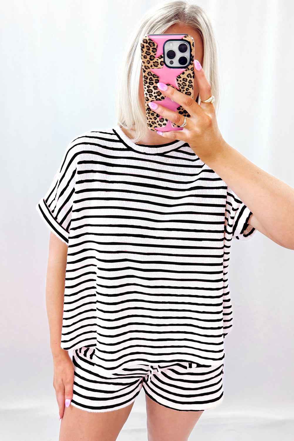 Sky Blue Striped Print Short Sleeve Top and Pocket Shorts Set 39d17e0a8756274a