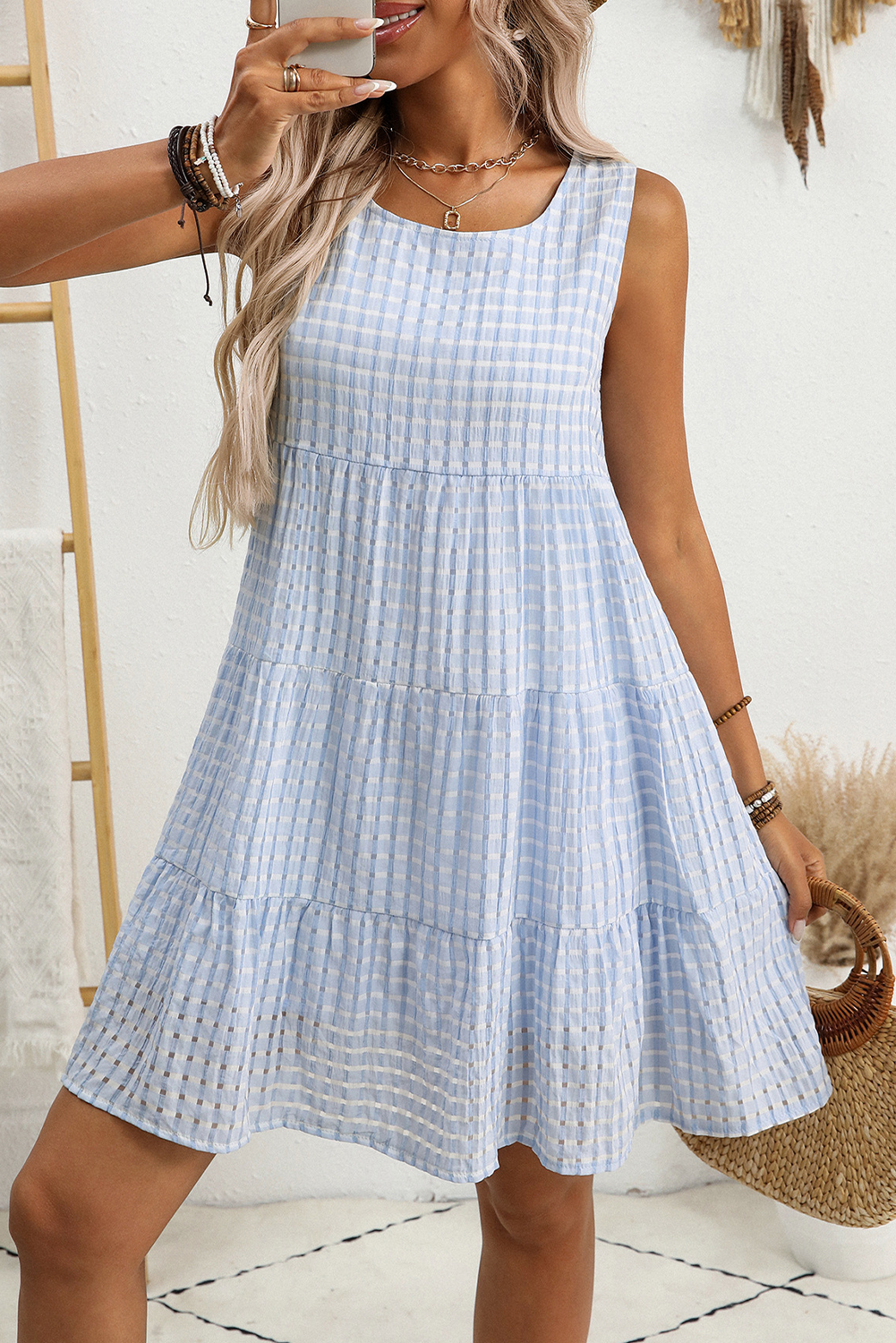 White Gingham High Waist Sleeveless Mini Dress Light Blue 39d28fd6bd3acb34