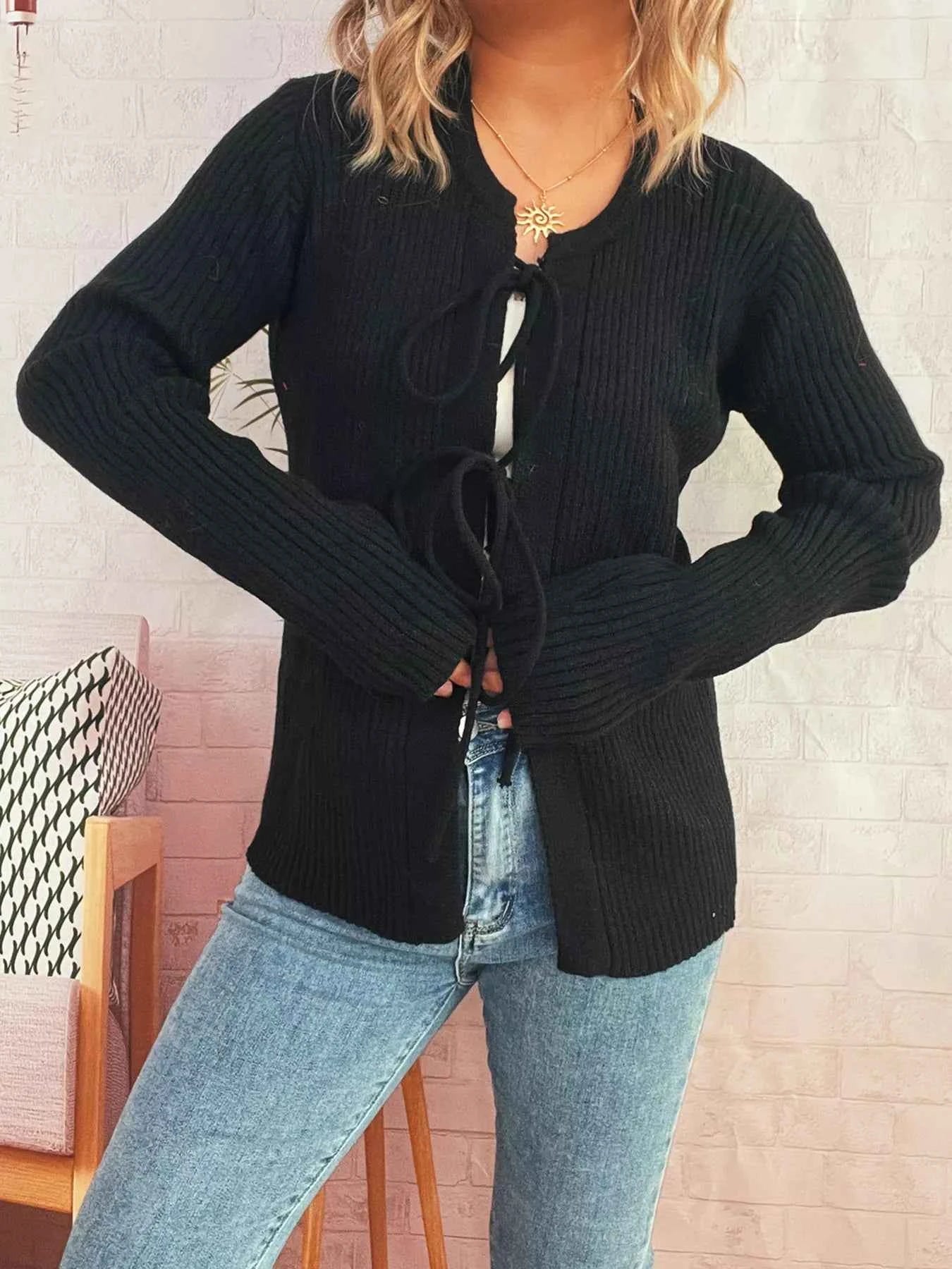 Ribbed Tie Front Long Sleeve Cardigan Black One Size 39e522a3f2b94ea988f5bc15b3925b6d-Max-Origin