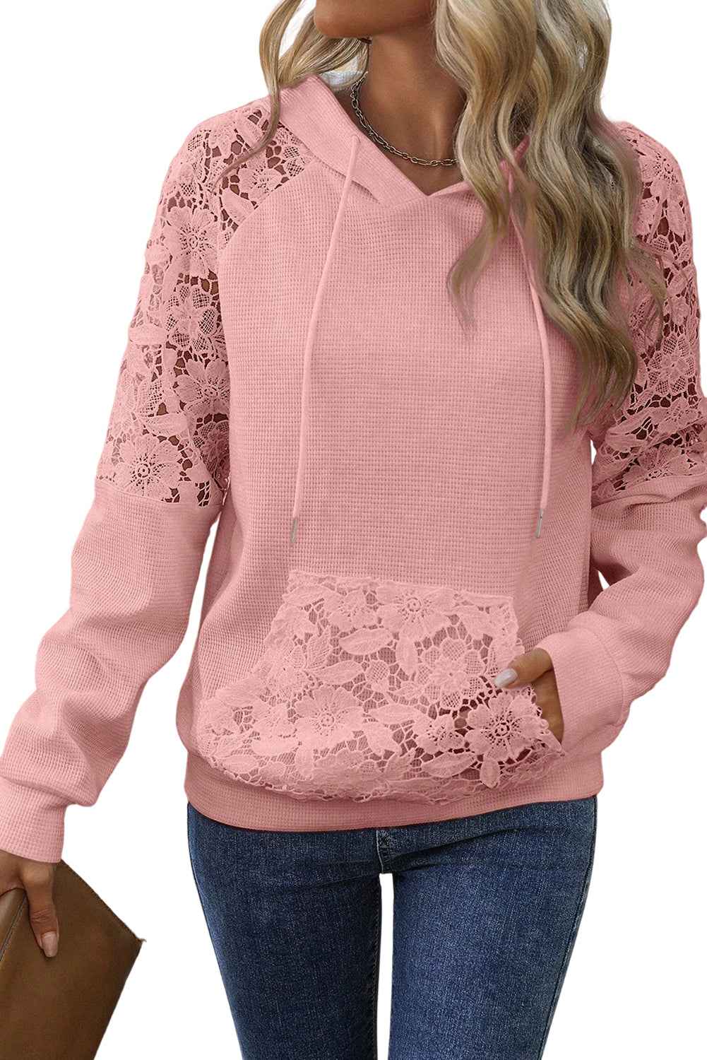 Gossamer Pink Lace Patchwork Raglan Sleeve Kangaroo Pocket Waffle Hoodie 39e8feb1e61540cb