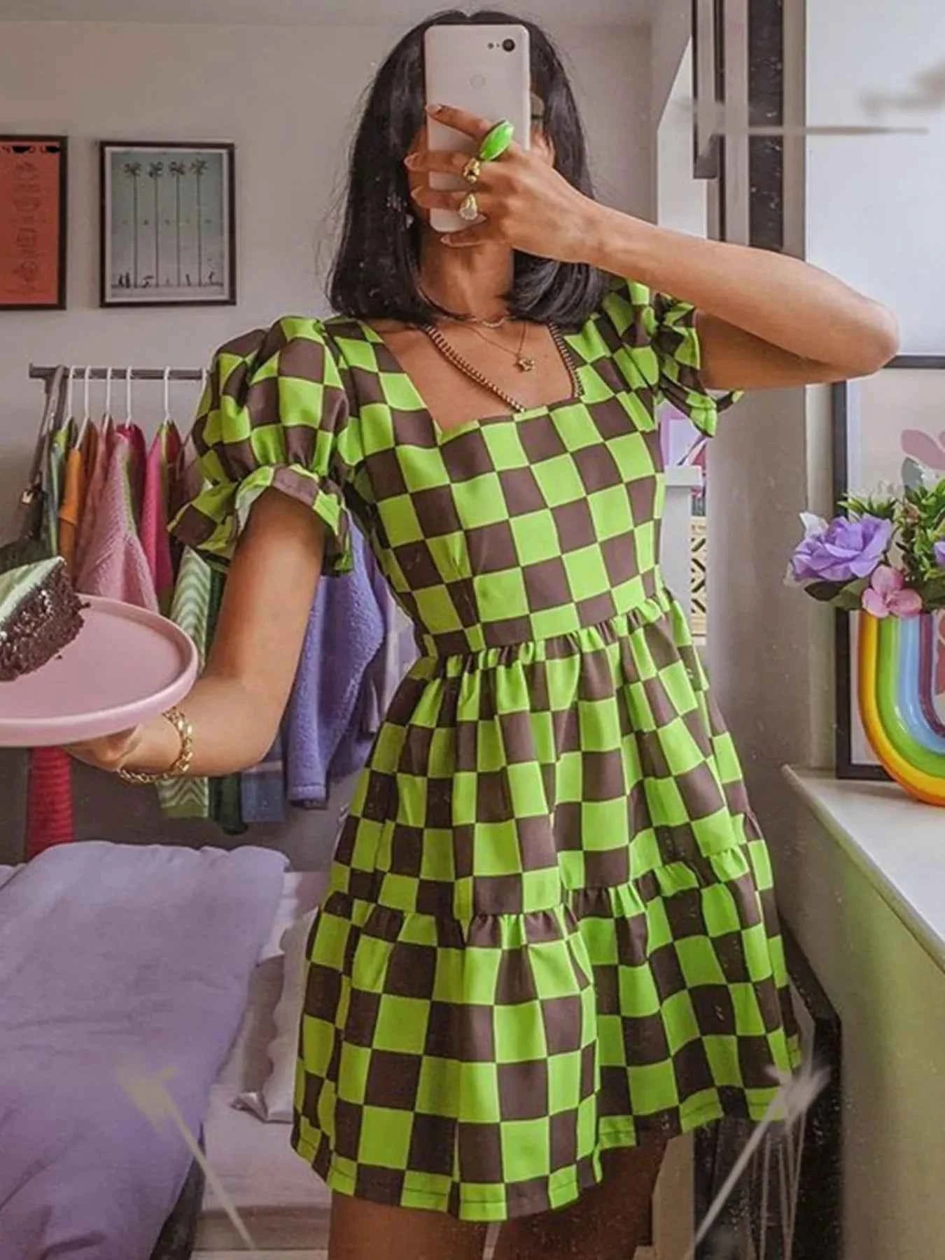 Checkered Short Sleeve Tiered Mini Dress 39f9b11e78c14a12869127de78ce5279-Max-Origin