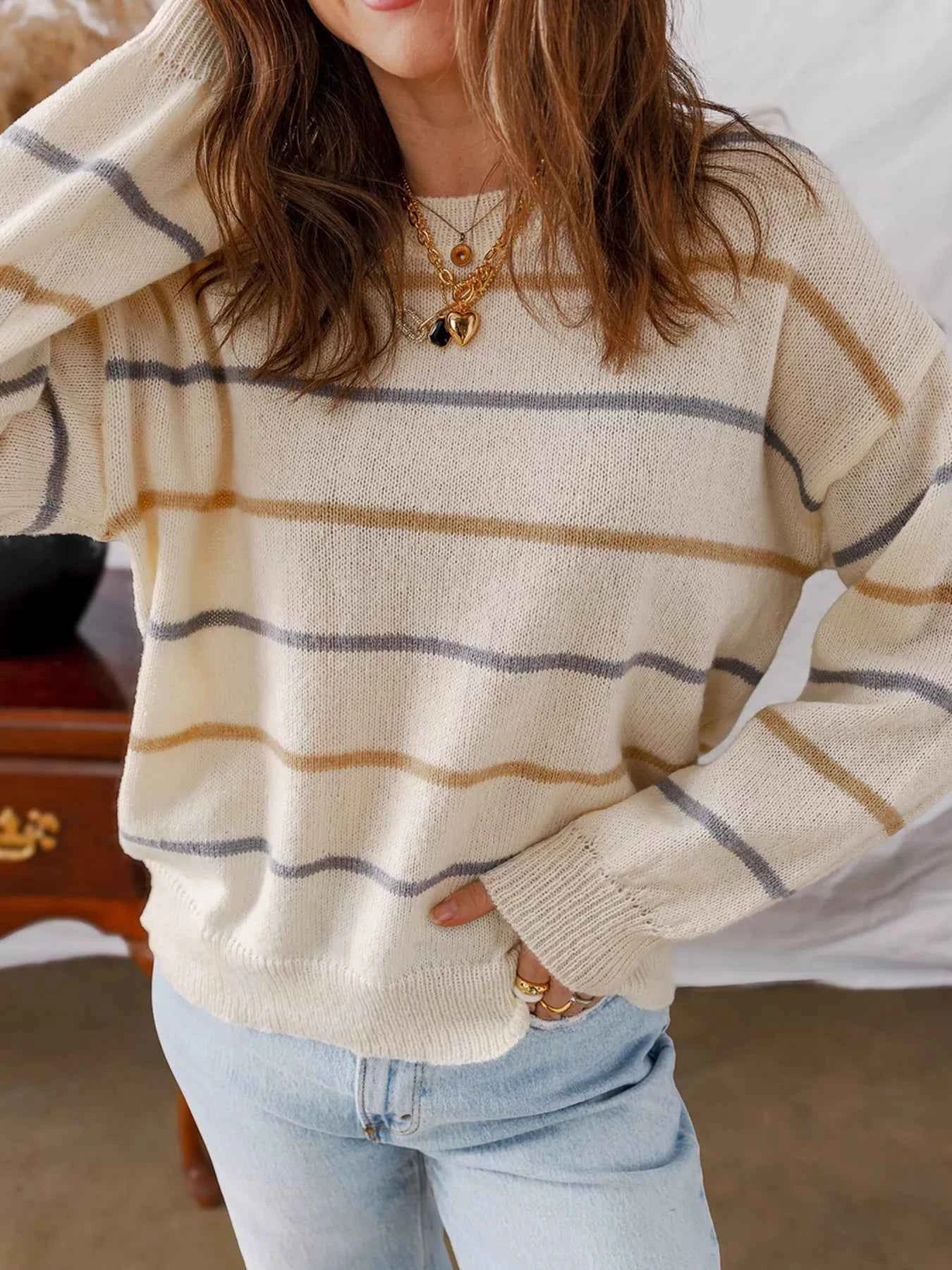 Stripe Striped Ribbed Edge Drop Shoulder Sweater 3a00f23e2d6140568a5af7872a1bf07b-Max-Origin