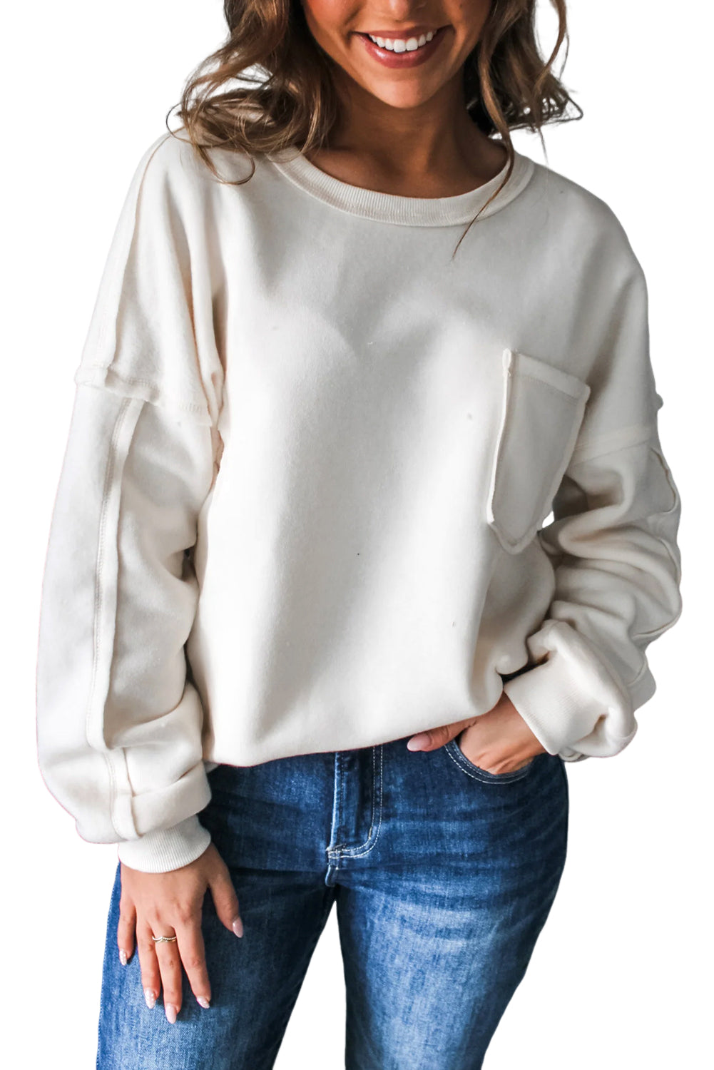 White Solid Color Drop Sleeve Pullover Sweatshirt 3a2474a3f8edf2e1