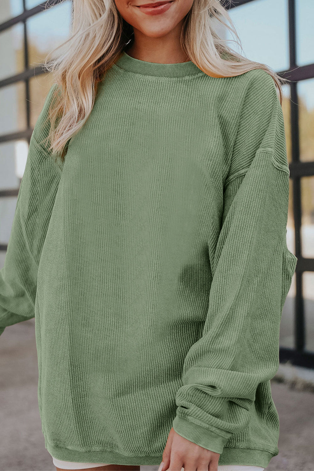 White Drop Shoulder Rib Knit Oversized Sweatshirt Grass Green 100%Polyester 3a24adee3b745f8f