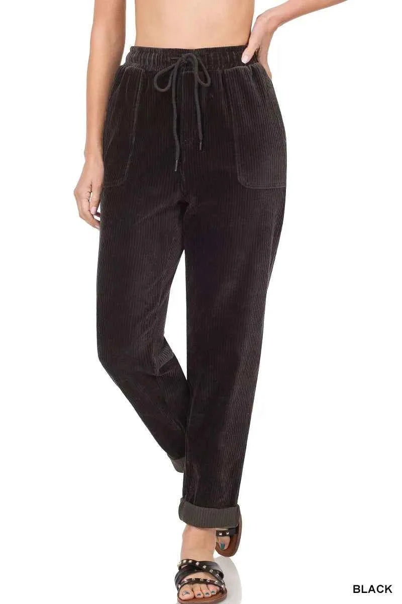 Zenana Corduroy Drawstring Cuffed Pants BLACK 3a2665127f9b49239698104e8d328f95-Max-Origin