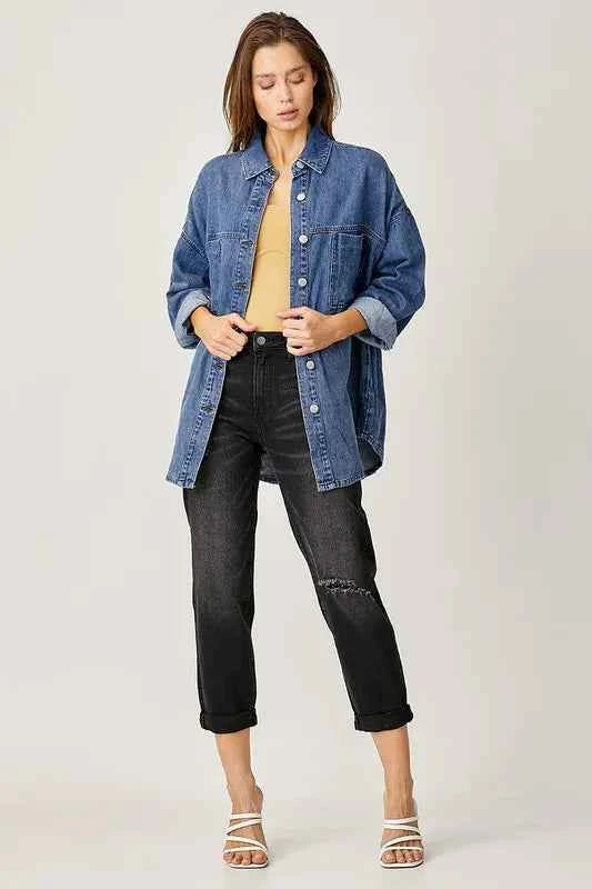 RISEN Button Up Drop Shoulder Denim Shacket 3a2753bb-2e2c-4b4d-9339-88595d53d22c-Max