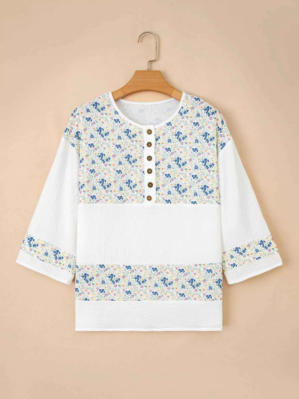 Floral Print Henley Button 3/4 Sleeve Blouse 3a2dbb8b888c4ec69a7e66697a96e4dd-Max-Origin