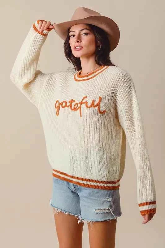 SO ME Thanksgiving Grateful Lettering Stitch Sweater 3a2dea8a6f934d64858612349a84fba6-Max-Origin