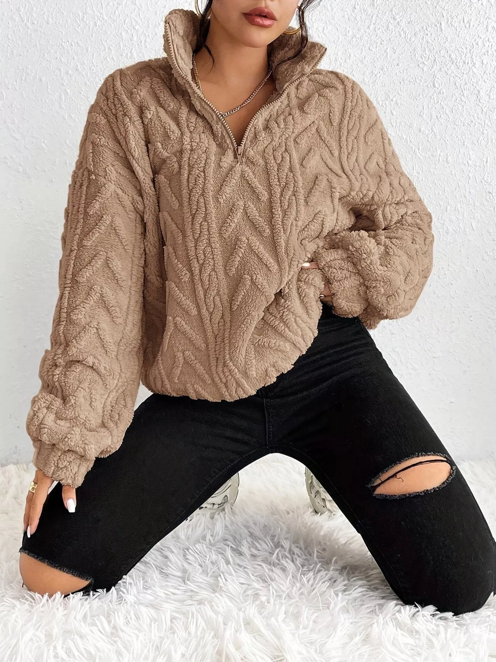 Quarter Zip Dropped Shoulder Sherpa Sweatshirt 3a386eeb78754206a917678132bfb649-Max-Origin