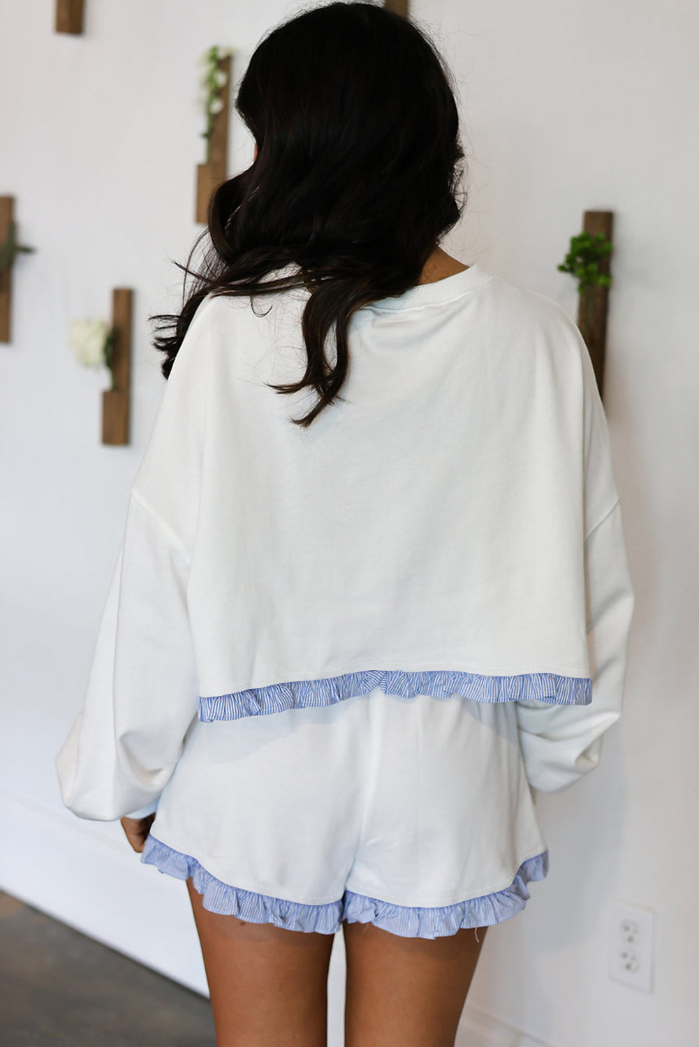 White Striped Ruffle Hem Long Sleeve Pullover and Shorts Set 3a3cceb9814bacdb