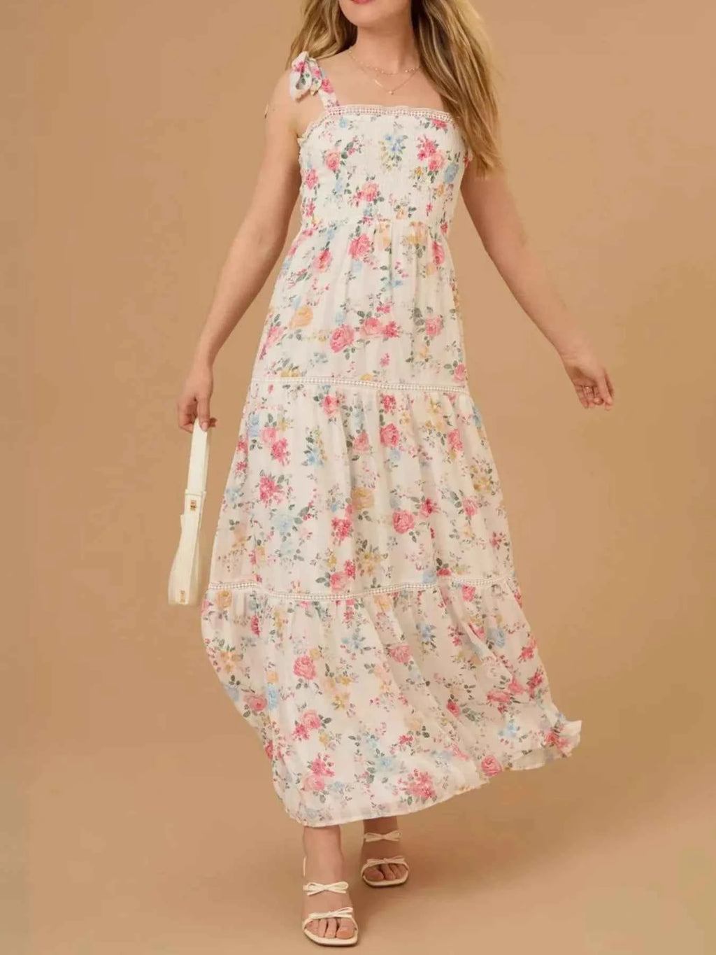 Floral Smocked Tiered Maxi Dress with Tie Straps Cream 3a50b069-34d0-44b6-a309-60bcb954da9b-Max-Origin