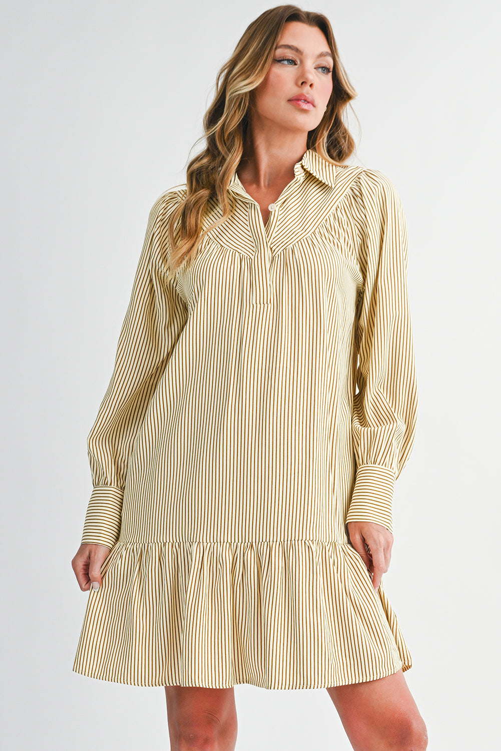 Brown Striped Shirt Collar Ruffle Hem Long Sleeve Dress Brown Stripe 50%Polyester+50%Cotton 3a5a9a95e2828422