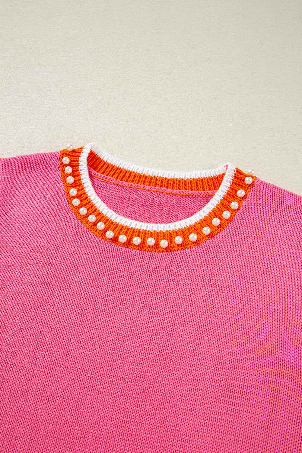 Bright Pink Pearl Embellished Contrast Trim Sleeveless Knit Top 3a633c31f52848cb